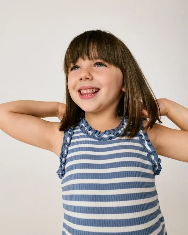 Infinite Blue Stripe Ribbed Ruffle Tank