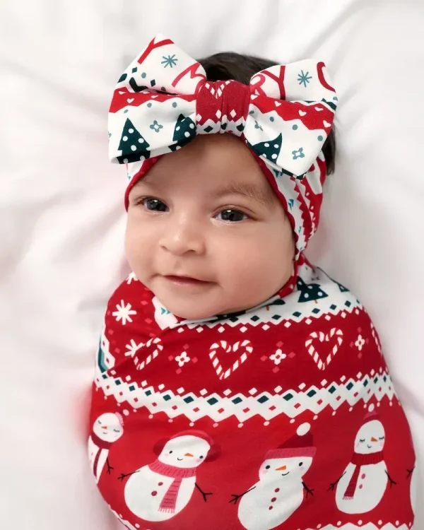 Festive Fair Isle Swaddle & Luxe Bow Headband Set