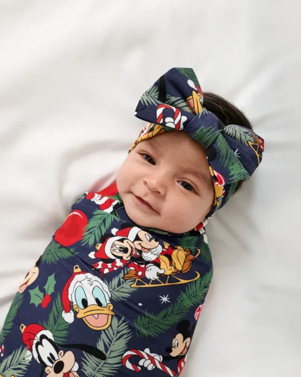 Disney Mickey & Friends Deck The Halls Swaddle & Luxe Bow Headband Set