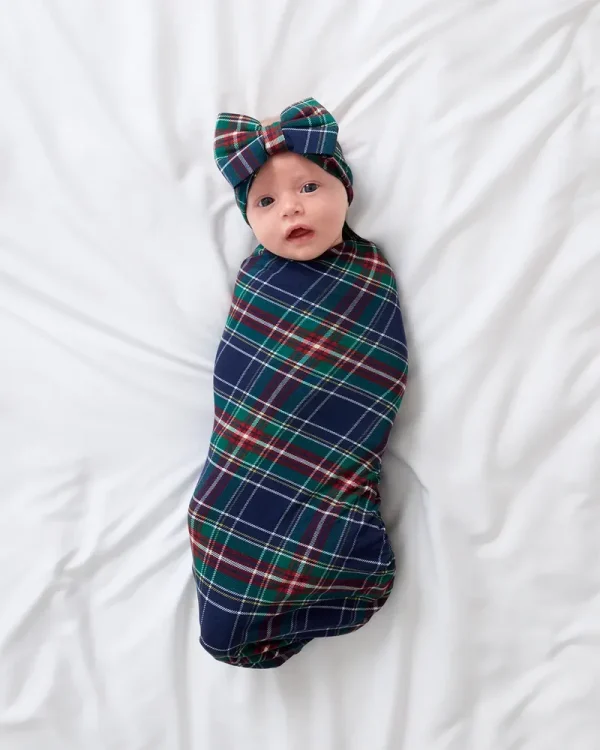 Northern Night Plaid Swaddle & Luxe Bow Headband Set