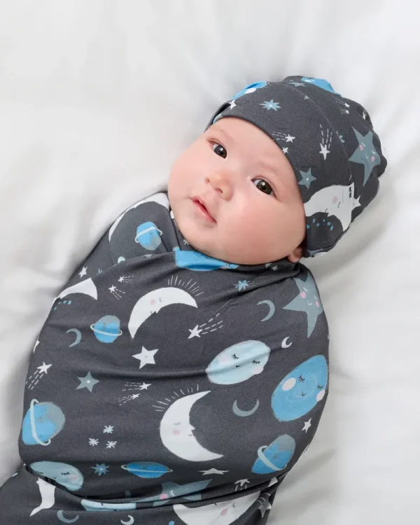 To The Moon & Back Blue Swaddle & Beanie Set
