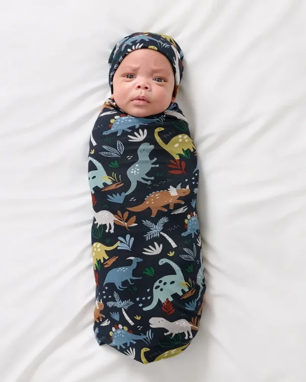 Jurassic Jungle Navy Swaddle & Beanie Set